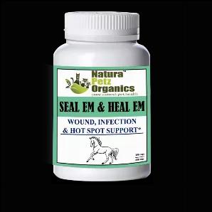 Wound, Infection, Ulcer and Bleeding Support Powder Equine* (* As recommended by holistic veterinarians for use under a traditional medical system)<p>SEAL 'EM and HEAL 'EM EQUINE powder is comprised of potent proanthocyanidins, saponins, alkaloids, lignans, polyphenolic compounds and diterpenes, used holistically to help seal and heal all types of wounds, abrasions, rashes, cuts, hot spots and infections, including bacterial, fungal, viral or microbial in origin; helps stop bleeding on contact (