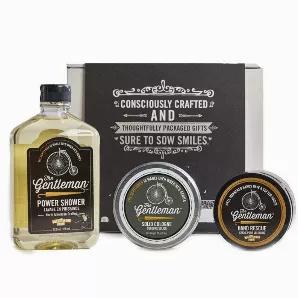 <p>Being a Gentleman is always in style! From our best-selling men's collection, featuring the refreshingly masculine scent of citrus and mahogany. All products are made with consciously sourced ingredients that nourish and care for your skin.</p>
<p>The Refined Gentleman gift box includes one of each:</p>
<p> 12 oz Power Shower<br>  2.5 oz Solid Cologne<br>  4 oz Hand Rescue<br>  Gift Box </p>