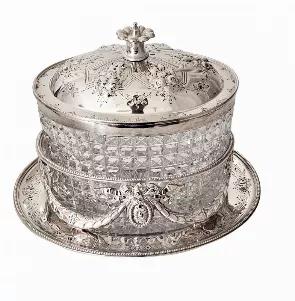 Oval Biscuit Barrel Crystal/English Silver Plate c.1860