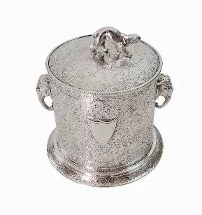 Engraved Biscuit Box with Elephant Handles & Cougar Finial English Silver Plate c.1875