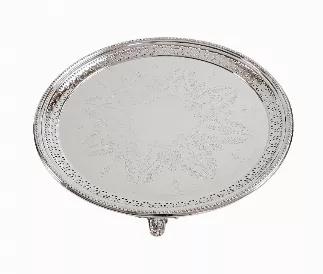 Engraved & Pierced Salver with Bead Edge Border on 3 Feet  English Silver Plate c.1860