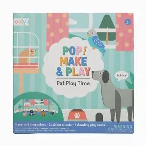 Will the dog and cat get along? Will the turtle be too slow to make it to the party? It's all for your little one to decide when they set up this super fun pop out play set. This all-in-one set has everything they'll need to get their imagination going, like six buildable pet pals--including dogs, cats, a bunny, and a turtle--one standing play scene, and two sheets of stickers to use for decorations.<br>o 1 set of OOLY's Pop! Make & Play - Pet Play Time <br>o The set includes 6 pop-out buildable