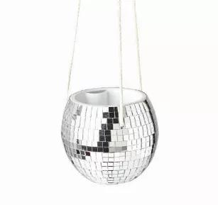 <p data-mce-fragment="1">Get the party started with the disco ball hanging planter.</p><p data-mce-fragment="1"> </p><p data-mce-fragment="1">Opening: 3.5"<br data-mce-fragment="1">Weight: 8.8 oz<br data-mce-fragment="1">Dimensions: 6" x 5"<br data-mce-fragment="1"><span data-mce-fragment="1">Material: Plastic and Glass</span></p>