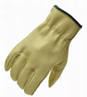 G & F leather work gloves with grain pigskin, keystone thumb, leather bound, XL - grain pigskin full leather glove. Keystone thumb for better fit and comfort. Shirred elasticized wrist keeps out dirt and debris. A basic drivers style Full leather glove.<br>