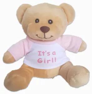 Share Your Special Gender News with this Adorable Super Soft Plush Teddy Bear from Hug-a-BooBoo! This Gender Reveal version of our super popular Soft and Cuddly "Hug" teddy bear has a removable pink sports shirt that features a pink "It's a Girl!" message.Measures 6" seated height and just the right size for giving smile-making comfort!  Super Cute, Fun and Memorable Way to show someone you care!