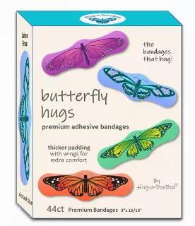 Every BooBoo Needs a Hug, so we created a bandage that gives one - and now our Amazing Hug-a-BooBoos feature Beautiful Butterflies!  The adorable Butterflies on Hug-a-BooBoo Premium adhesive bandages all have outstretched wings, just waiting to give a comforting hug to any scrape or cut! No booboo - no problem! You can wear one anyway!<br>More than just another cute bandage, Hug-a-BooBoo's unique premium padding has small extensions that give extra protection to sensitive areas around a wound. O
