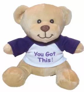 Give Someone Encouragement in a Very Special Way with this Adorable Soft Plush Mini Teddy Bear from Hug-a-BooBoo! This Encouraging Version of our super popular Soft and Cuddly "Hug" teddy bear features a White and Purple T-shirt with a Reassuring and Supportive "You Got This!" message.