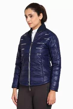 EQUINE COUTURE LADIES ALPINE PUFFER JACKET<br>The <b>Ladies Alpine Puffer Jacket</b> by Equine Couture will keep in the heat on chilly fall mornings or for winter rides. Puffer style jackets are designed to trap the wearer's body heat for insulation, keeping the rider cozy before warming up in the ring. Silver stitched zipper pattern and stand up collar adds a bomber jacket-esque style to a svelte structure that is comfortable for the saddle. A two-way zipper allows for half of the garment to re