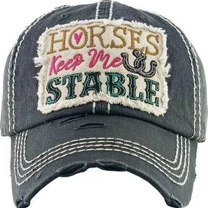 AWST Int'l Horses Keep Me Stable Cap<br><p>Six panel construction with ventilation eyelets, contrast stitching and distressed brim. Adjustable hook-and-loop back strap. One size fits most.</p>