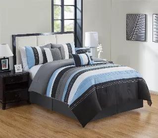 This 7 Piece Comforter Set is made from horizontal stripes with multi solid color Blue bands. This set brings a flair of elegance to any room. Set includes 1 comforter, 1 dust ruffle, 2 pillow shams and 3 decorative pillows. Transitional to fit any home's style. Unique and colorful design. 100% Polyester.