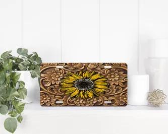Tooled faux leather Sunflower License Plate