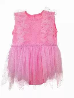 Onesie petal tutu dress<br>Glitter mesh overlay<br>Ruffle decor<br>Key hole<br>Crotch snaps for closure<br>Neon Pink