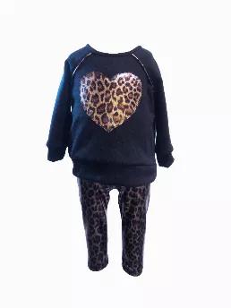 <p>2 pieces set:</p><p>Micro brushed french terry tunic<br>Long sleeves<br>Leopard heart patch<br>Piping on raglan shoulders</p><p>Leopard print leggings</p><p>Designed and Made in Los Angeles, California, USA</p><p>Composition: tunic 5% spandex, 30% rayon, 65% polyester; leggings 5% spandex, 95% polyester</p><p>Care: hand wash cold, do not bleach, dry flat, do not iron.</p><p>2 pieces set:</p><p>Tunic<br>Long sleeves<br>Leopard heart patch<br>Piping on raglan shoulders</p><p>Leopard leggings<br