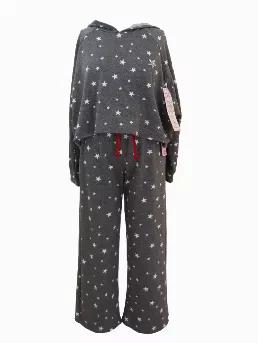 <p>2 pieces set:</p><p>Hoodie<br>Long sleeves<br>Sequin star patch</p><p>Wide leg pants<br>Red dawnstring</p><p>Stars print on Charcoal</p>