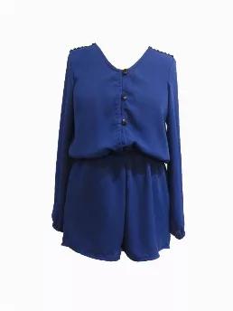<p>Royal Blue Romper<br>Long sleeves<br>Trim on shoulders<br>Front buttons<br>Elasticized waist</p><p>Designed and Made in Los Angeles, California, USA</p><p>Royal Blue Romper<br>Long sleeves<br>Trim on shoulders<br>Front buttons<br>Elasticized waist</p><p>Designed and Made in Los Angeles, California, USA</p>