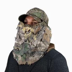 The BunkerHead 3D Leafy and Cotton Head Concealment System includes a No Touch Facemask, Hoodie, and Bunker Clips that you can attach to a cap of your choice for complete head camouflage. The Bunker Clips are designed to attach to baseball-style cap brims. An elastic tether connects them and stretches across the top of the hat bill, allowing you to secure your sunglasses and fishing lures to your hat. Hunters can attach leaves and small branches to the front of the cap to create a natural camouf