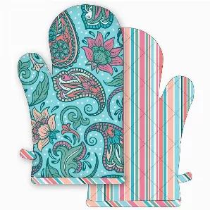 Angie oven mitt. Made from soft, pre-washed 100% cotton. Each pattern has a ruffled bottom apron, handy bowl/pot holder, towel set, napkin, oven mitt, placemat and runner. 