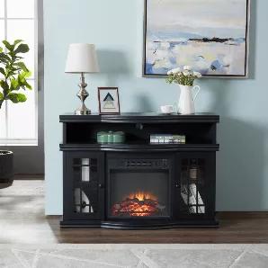This fire places electric heaters tv stand comes with electric fireplace measures 17.3"(W) x 5"(D) x 18"(H). The insert just a wood burning realistic flame effect, can be used with or without heat all year long. Plug in and use under a voltage of 120, 5120 BTUS, up to 400 sq. ft. for heat.<br>46.87"(W)x11"(D)x30.75"(H) inches, accommodates tv stand 55 inch tv flat panel TVs and supporting a maximum weight of 250 pounds. Durable and thick laminate wooden tv stand for 55 inch tv can withstand dail