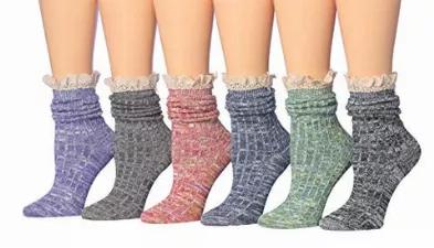 Tipi Toe Women's 6-Pack Cotton Blend Ragg Space Dye Lace Crew Winter Boot Socks Hiking Socks