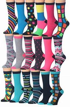 Tipi Toe Women's 18-Pairs Value Pack Colorful Crazy Funky Fashion Crew Socks