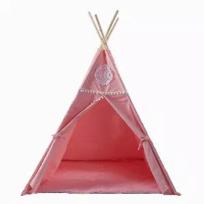Bring on the snacks, stories, and smiles with our play teepee. Give your kids a cozy place to lounge and play for hours of fun! Perfect for adding a decorative touch to your child's room while giving them their own little fort-like experience. Featuring cotton canvas fabric with wooden poles for easy assembly, along with tie back door panels for easy access. Floor mat included with purchase of teepee.<br><br>Product Details:<br>Material: Cotton Canvas<br>Assembled Size: 51"L x 51"W x 58" H<br>Po