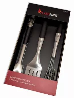 The FlashPoint Grill Tool Set provides comfort and ease for all of your grilling needs. The Black TPR Handle set includes Spatula, Locking Tongs, and a 3- Head Bristle-Free Cleaning Brush. All of these grill tools are stainless steel with TPR handles. The Bristle-Free Brush is a safe alternative to the steel wire brushes currently out on the market. The stainless-steel hardwired coil cleans the grates and will not leave behind metal wire remnants that could end up in your food. The FlashPoint To