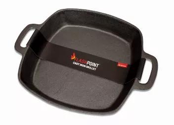 Flashpoint Cast Iron Skillet is the perfect and timeless grill tool for searing, saut?ing, and creating pan gravy. The Skillet was made in a square design to maximize your cooking area. The Cast Iron skillet can be used both on the grill and in the oven. The two handle design of the skillett eases lifting from the cooking source.