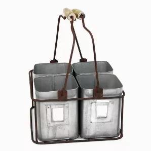 Infuse rustic farmhouse charm in your home with the inclusion of this galvanized 4 Tin Organizer. The movable wooden handles offer portability and the tins are encased in a rustic iron frame. Each tin comes with a removable label to mark for specific usage. A perfect piece for any tabletop, this appealing gray finish organizer is sure to add uniqueness to your decor.