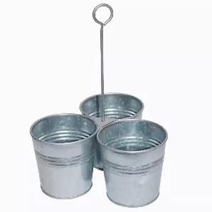 This cutlery holder features three buckets that are attached to each other. Made from galvanized metal sheet, this cutlery holder provides an organized placement of cutleries and other related items. It is compact in size that occupies less space in your kitchen and dining areas while offering a distinctive appeal. The sleek ring handle at the center makes it easy to carry.