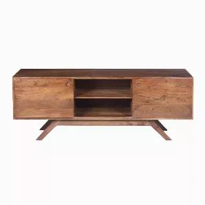 This well designed mid century modern TV unit features two shelves in the center accompanied by two side cabinets with sliding doors. It is made up of acacia wood that provides a good durable usage. With the smooth top of 65 inches, one can easily use this walnut brown finish furniture for the placement of a wide screen TV(max. 62 inches), accompanied by decorative statues, figurines, etc. The splayed legs provides a good support to the whole structure while giving it a good lift.