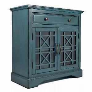 A Craftsman Series 32 Inch wooden Accent Cabinet can be an innovative inclusion in your home furniture setting. This antique blue finish accent cabinet features innovative design and style. Sturdily constructed and features one spacious drawer and one cabinet with two interior shelves, providing enough storage space. It has molded top and fretwork detailing over the glass doors with rugged finish metal handles and knobs for easy opening. This will not only serve its purpose to the most but will 