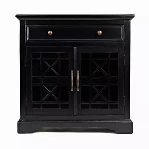A Craftsman Series 32 Inch wooden Accent Cabinet can be an innovative inclusion in your home furniture setting. This antique black finish cabinet features innovative design and style. Sturdily constructed and features one drawer and one cabinet with two interior shelves, providing enough storage space. It has molded top and fretwork detailing over the glass doors with rugged finish metal handles and knobs for easy opening. This will not only serve its purpose to the most but will act as a comple