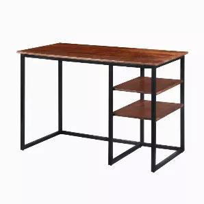 Make your study space organized and clutter-free with the inclusion of this minimalist desk. It features a black powder finish tubular iron frame and acacia wood constructed wide smooth top in a rectangular shape, perfect for the placement of notebooks, laptop, pen holder or other related items. The two side open wooden shelves provide ample storage space. Ideal furniture piece to be placed in the study room, library or home office space. It incorporates floor protectors that offer scratch free 
