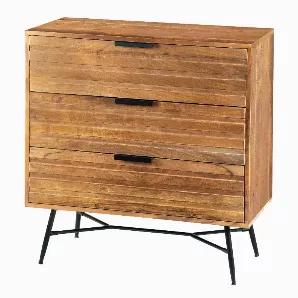 Your search for a compact yet spacious furniture will end with this transitional style chest that easily blends with a variety of ensembles. Constructed using acacia wood and metal base, it features three spacious drawers attached with metal fingertip handles and accented with slatted design front. The aesthetically visible wood grain details adds to its charm, making it an appealing piece of furniture for every home. Due to the handcrafted nature of the product, there may be variation in color,