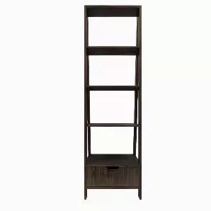 Organize your books in a sophisticated manner and also display the decorative items elegantly by adding this farmhouse style ladder bookcase, featuring wooden construction in a distressed brown finish. Incorporated with ladder shape 5 tier structure, this bookcase features 4 shelving unit and one bottom drawer with cutout for easy opening. Due to the handcrafted nature of the product, there may be variation in color, finish, wood grain and knots.