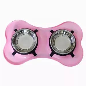 Let your pet enjoy a spill proof feeding with this bone shape double diner pet bowl. Made from a good quality pink plastic frame which holds two stainless steel bowls that can be used for food, water or a combination of both for your pet. It does not occupy much space and each bowl has a weight capacity of 400 ml. Both the bowls are attached to the diner via rubber fittings along with an anti- skid rubber protectors bottom.