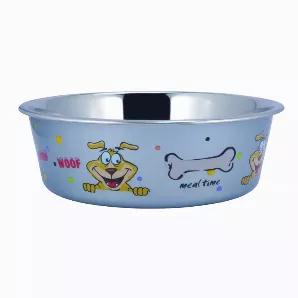 Provide an easy food feeding to your pets with this pet bowl, featuring adorable pattern of sneaky dog and bone. The bowl is made from stainless steel while the plastic design outside makes it an attractive piece that stand out from the rest of its variants in the same category. It is designed in a way that depicts fun style and also features black rubber base which makes this bowl noise free and spill proof while moving. It has a capacity of 850 ml.