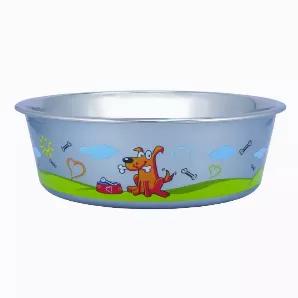 Provide an easy food feeding to your pets with this pet bowl, featuring adorable print of sneaky dog with a bone in a garden. The bowl is made from stainless steel while the plastic design outside makes it an attractive piece that stand out from the rest of its variants in the same category. It is designed in a way that depicts fun style and also features black rubber base which makes this bowl noise free and spill proof while moving. It has a capacity of 1600 ml.