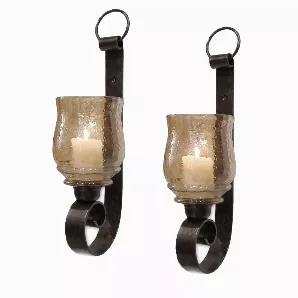Whether it is your entryway, enclosed staircase, or living room, this sophisticated set of 2 Wall Mounted Candle Sconce makes a perfect addition to any wall of your home. With a distinctive outlook and an elegant silhouette, it transforms the aura of your living space. Incorporating a versatile design, it blends easily with contemporary as well as traditional household setting. The metal frame with a scroll design and a bronze tone brings an antique appeal, while the textured glass shade and a r
