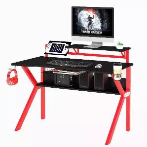 Indulge yourself with the best gaming experience by bringing in this Gaming Desk which comes with elevated monitor shelf and an open bottom shelf. The carbon fiber 3 D textures PVC coated shelves along with k shaped legs impart an enchanting charm to it. Incorporates 1 cup and 1 headphone holder on the sides.