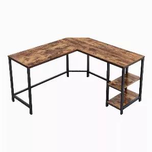 Rejuvenate your work space with the inclusion of this coveted L shape Computer Desk which offers 2 bottom shelves and incorporates grain details. Constructed from the combination of MDF and metal, it is accented with brown and black finish.
