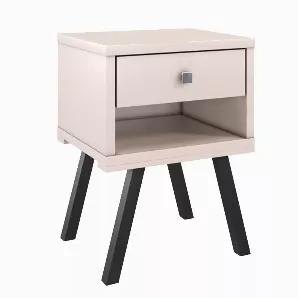 Add a perfect storage option into your bedroom setting by including this handcrafted wooden Accent nightstand, featuring a drawer and open compartment to keep your bedtime essentials within your reach. The glossy white finish adds a striking appearance while the black finish splayed legs round off the overall design, offering stability to the nightstand.