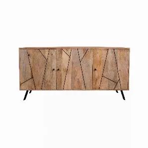The perfect amount of handcrafted aesthetic with a handful of industrial charm, this sideboard buffet console comes with three cabinet doors that open up to reveal a large storage space. With abstract metal geometric accents on the drawer fronts, this piece comes with a wide top that can be used to showcase dining pieces, lamps or Decor items. Durably built from solid mango wood with metal accents and legs, the piece is finished in all natural wood brown and striking black metal. Supported on an