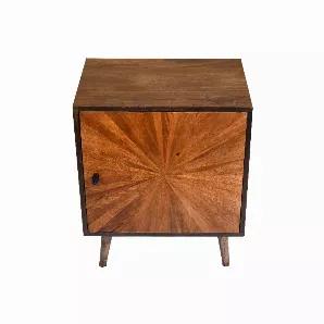 Upgrade your furnishing with this mid century modern Accent Nightstand . Featuring a sturdy construction of solid wood in the hue of brown, it showcases an appealing sunburst design on the cabinet door that adds depth to the overall design. It comes with a single door storage accented with a black round knob that blend well with the crisp brown finish. Supported on angled legs for added style and stability, it is an ideal piece of furniture for a quick update to any existing setting.