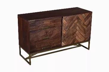 A work of fine taste and quality craftsmanship, this transitional style inspired buffet sideboard cabinet is sure to accentuate the aesthetics of your dining space. It has three smooth gliding drawers and an elegant herringbone designed single door cabinet that offers plentiful storage for dining room essentials, while the top surface can serve as a sophisticated home for your collectibles and Decorations. Handcrafted in solid mango wood with a transitional dark brown finish, the design draws fr
