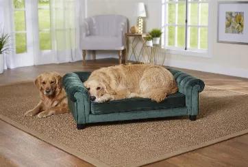 The Goldens, Chase and Riley each find this exquisite, emerald velvet Sullivan Sofa to be the comfiest spot in the house. This luxurious jewel-tone sofa is going to be a statement piece wherever it is placed. Its thick channel tufting and low, wide arms makes it a perfect place for dogs who love to lean while sleeping. The cushion cover is removable and washable.<ul><li>2" legs lift bed off floor, keeping your pet draft free</li><li>Perfect for pets who like to curl or lean when they sleep</li><