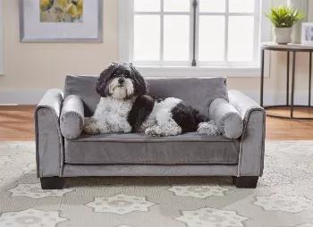 Riley, the 13 pound Shichon (ShihTzu-Bichon Frise) knows what she likes and this Jordan Sofa is perfect for her as she loves to curl up to sleep but also uses these soft bolster cushions to lean while resting. The velvet fabric is super soft and the cushion cover is removable and washable. Its classic modern design will complement your home's own unique style._x000D_<ul>_x000D_	<li>2" legs lift bed off floor, keeping your pet draft free</li>_x000D_	<li>Perfect for pets who like to curl or lean w