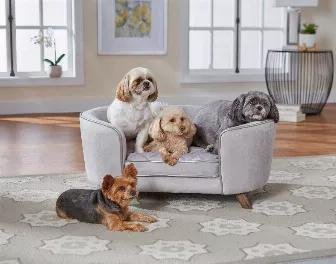 This roomy Quicksilver Sofa is a favorite spot for this family of 4 little pups. The luxurious Ultra-Plush fabric features an embossed micro-velvet cushion and metallic faux-leather trim. It is perfect for dogs who like to sleep curled up. The curved back of the Sleep Contour design fosters a natural instinct for your dog to feel protected. The 3" driftwood legs cut a sculptural silhouette which complements the modern design._x000D_<ul>_x000D_	<li>3" legs lift bed off floor, keeping your pet dra