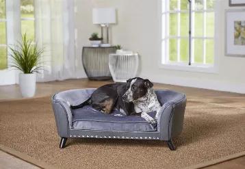 Here is Rico, a 46 pound Mixed-breed who has found his place right here on the Paloma Sofa. This gorgeous grey pebble-grain faux-leather and velvet combo is perfectly paired with the striking look of 3" black wood legs. The curve shaped back with our signature Sleep Comfort Contour provides a sense of security. The cushion cover is removable and washable.<br>3" legs lift bed off floor, keeping your pet draft free<br>Perfect for pets who like to curl when they sleep<br>Storage pocket for toys and