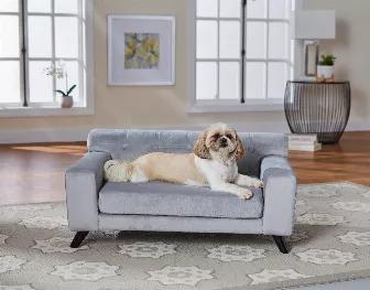 Meet Bella, a 20 pound ShihTzu who loves to sprawl out on her Mason Sofa. This velvety-plush fabric is so soft. The Mason offers a removable and washable seat cushion cover and its low profile arms are generously upholstered for dogs who love to lean. The biscuit-tufted seat back and the 3" black wood legs help define this modern look._x000D_<ul>_x000D_	<li>3" legs lift bed off floor, keeping your pet draft free</li>_x000D_	<li>Perfect for pets who like to curl or lean when they sleep</li>_x000D